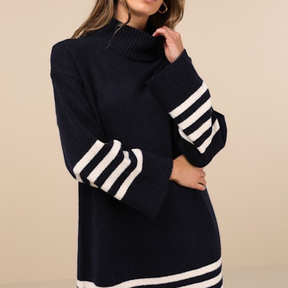 Lulus Comfiest Cutie Navy Striped Mock Neck Mini Sweater Dress Blue - Size L